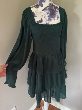 Smocked Tiered Long-Sleeve Dress in Dark Green